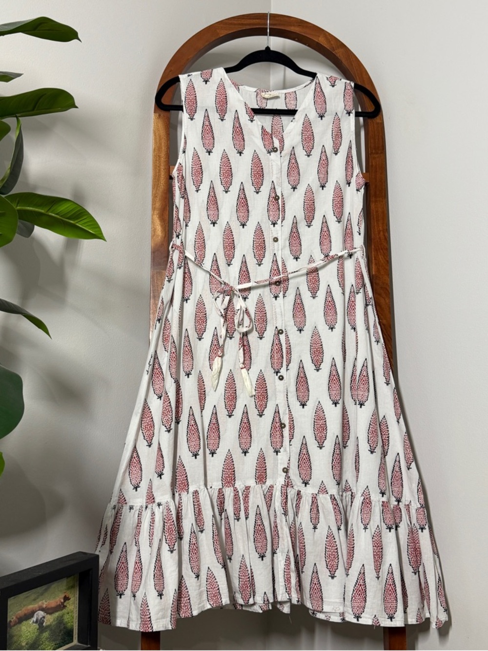 Janasya MEDIUM White Boho Print 100% Cotton Sleeveless Midi Shirt Dress
